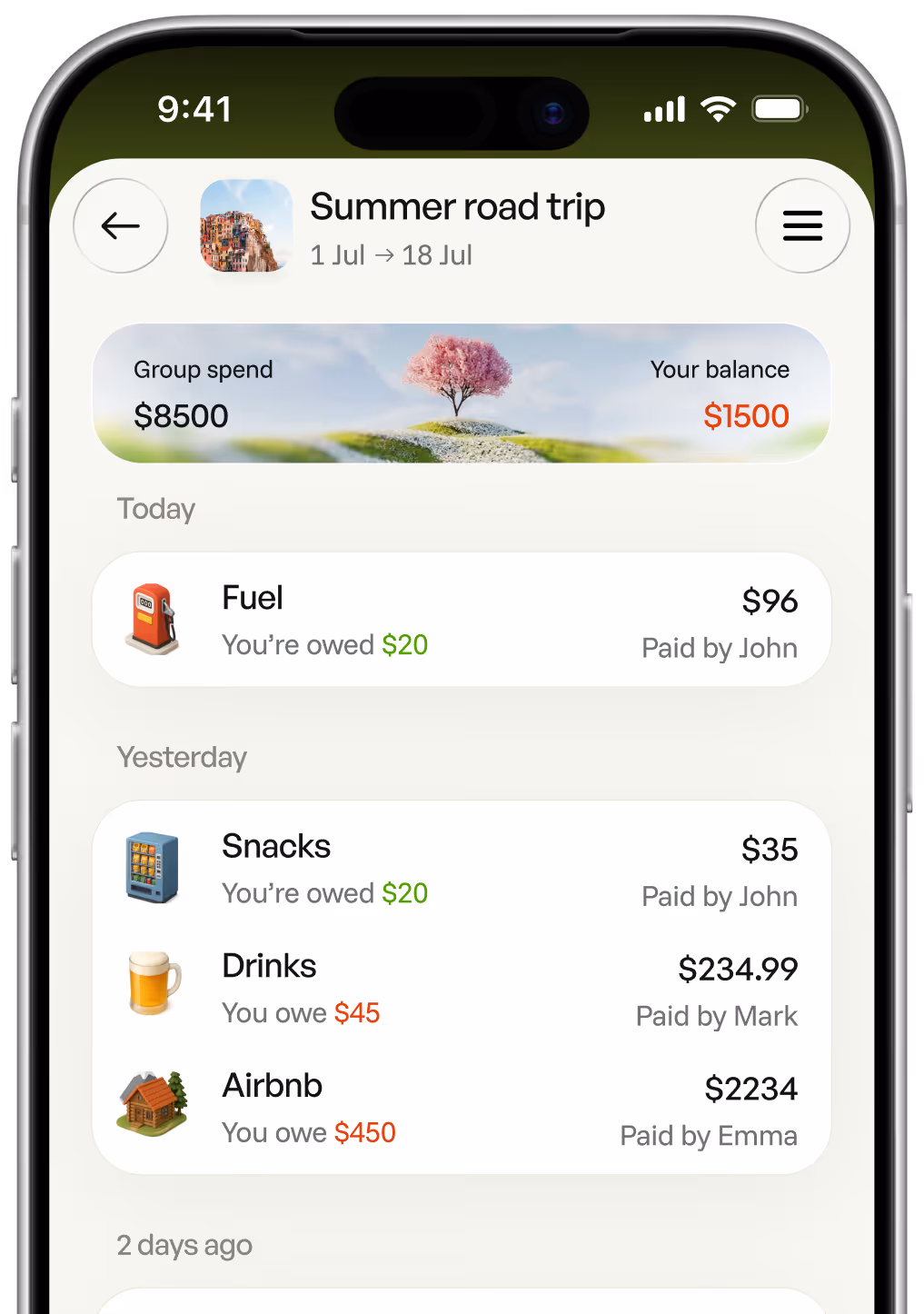 View of the Expense tab inside the Spring app showing multiple expenses recorded
