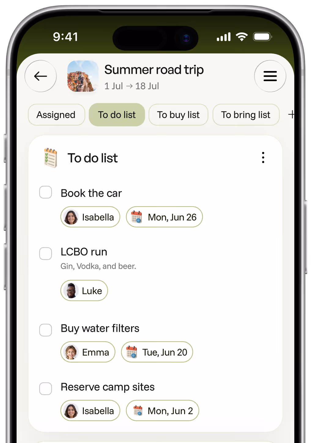 View of the Lists tab inside the Spring app showing multiple lists with tasks assigned to different group members
