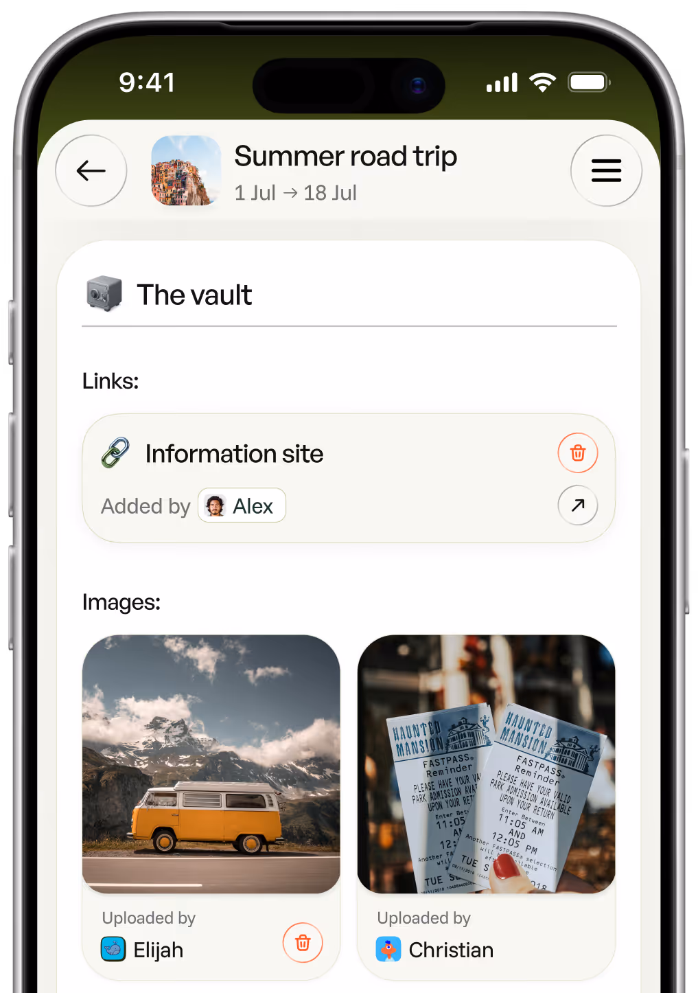 View of the Details tab inside the Spring app showing the Vault where users have uploaded images and saved links