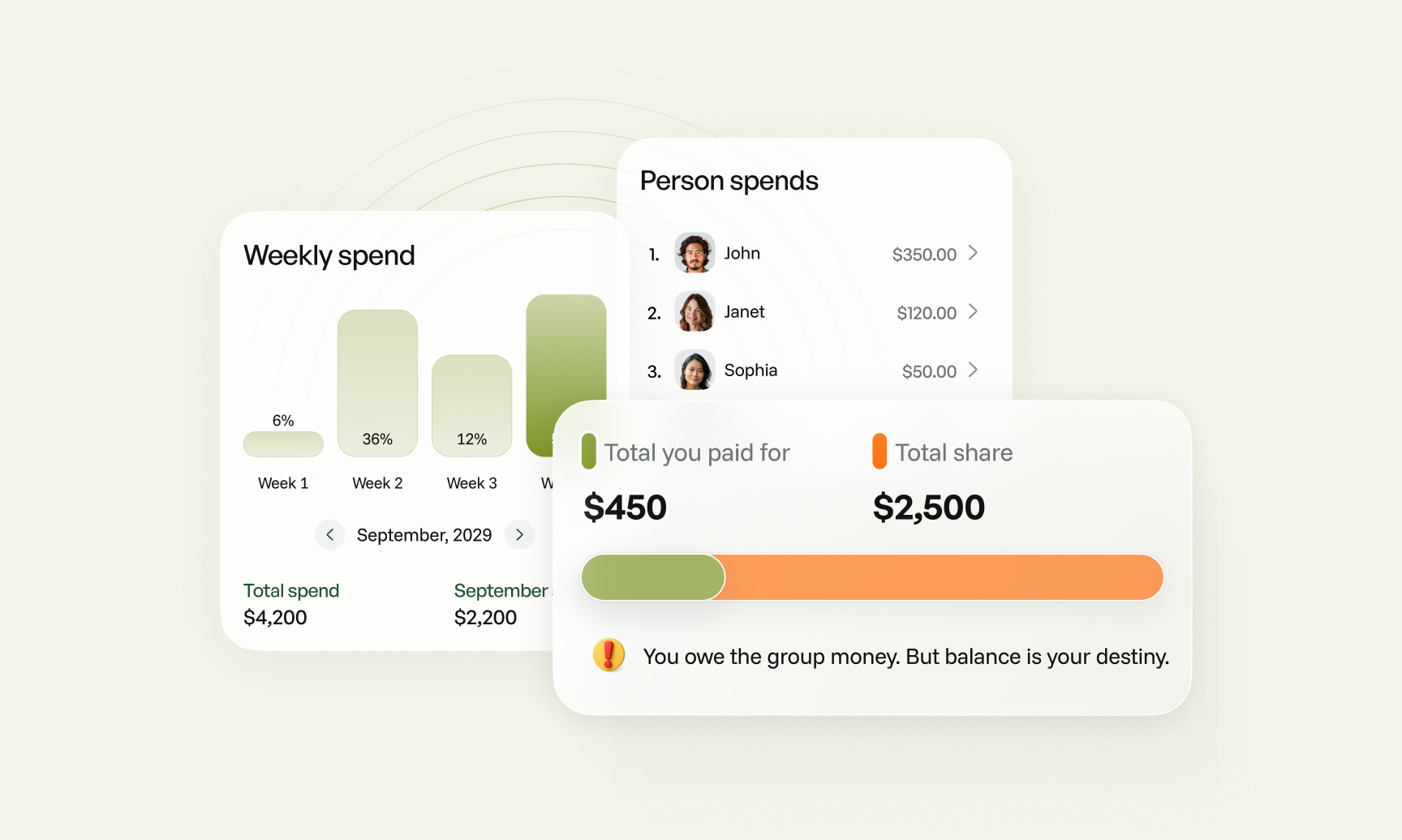 An image of the how the Spring app product looks showing expenses and group spends